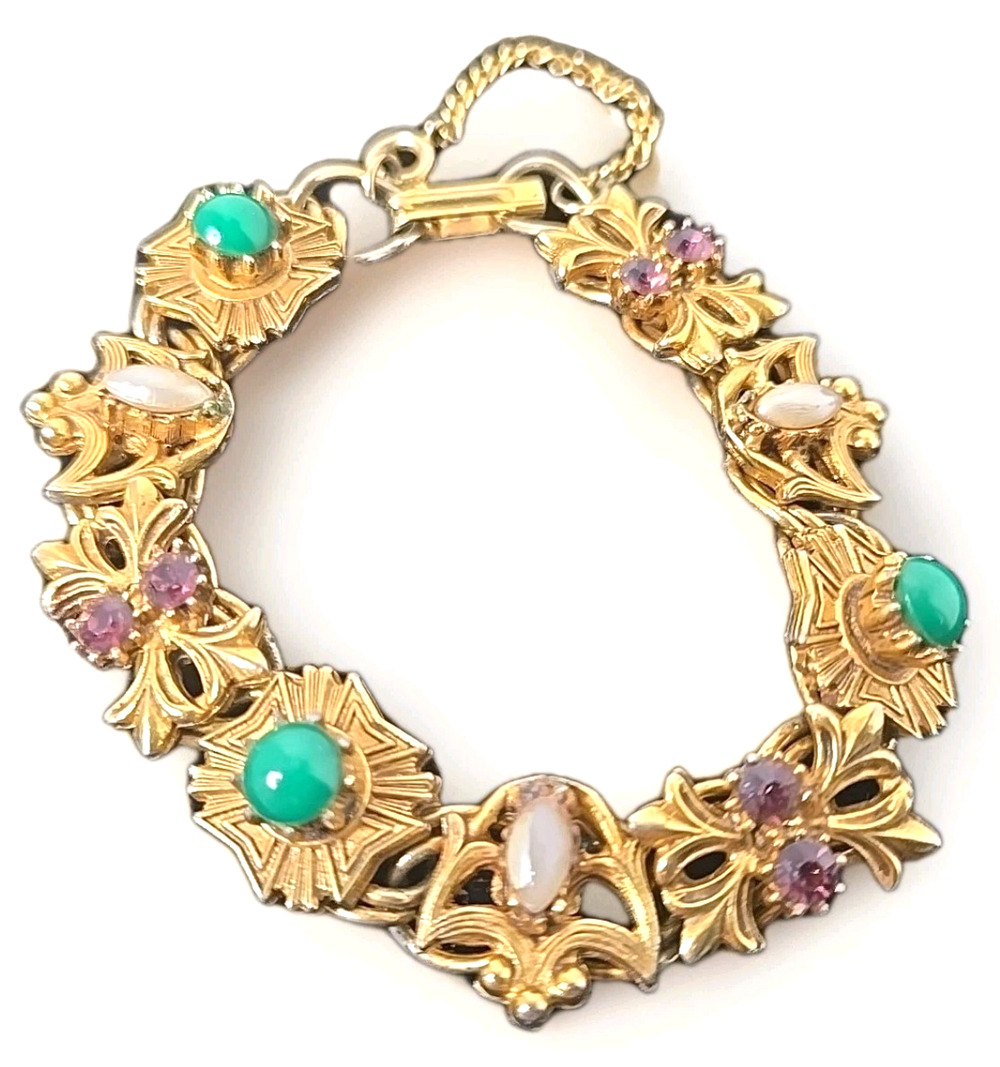 Signed Florenza Gold Tone Metal Ornate Faux Pearl Rhinestone Faux Jade Bracelet
